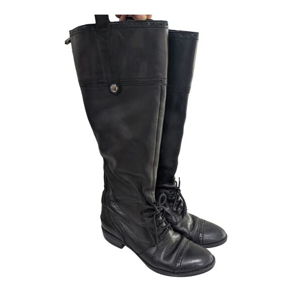 Sam Edelman Size 6.5 Perron Brogue Cap Toe Laced Zip Up Black Riding Boot - Picture 1 of 8